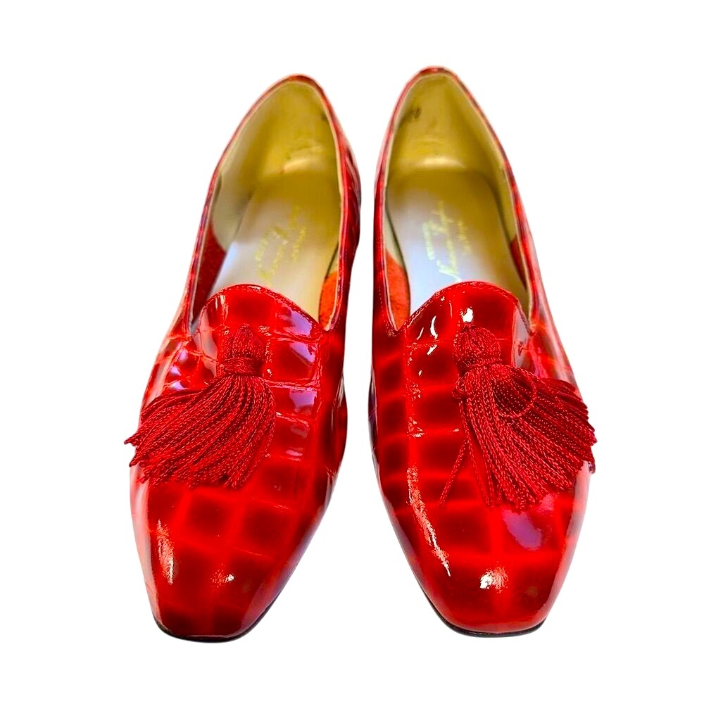 Vintage Norman Kaplan Las Vegas Red Patent Croc Tassel Loafers Womenโs Size 6.5M